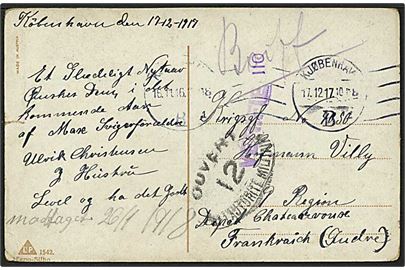 Ufrankeret krigsfangebrekort fra Kjøbenhavn d. 17.12.1917 til sønderjysk fange (Willy Hofmann) i Charteauroux, Frankrig. Fransk censur.