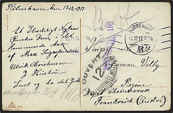 Ufrankeret krigsfangebrekort fra Kjøbenhavn d. 17.12.1917 til sønderjysk fange (Willy Hofmann) i Charteauroux, Frankrig. Fransk censur.