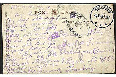 Ufrankeret krigsfangenbrevkort fra hellerup d. 15.7.1918 til sønderjysk fange (Willy Hofmann) i Chateauroux, Frankrig. Fransk censur.