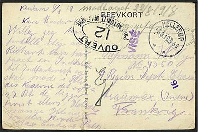 Ufrankeret krigsfangenbrevkort fra hellerup d. 5.8.1918 til sønderjysk fange (Willy Hofmann) i Chateauroux, Frankrig. Fransk censur.