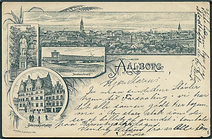 Aalborg, partier med jernbanebroen, Svaneapoteket og udsigt. M. M. Schultz u/no. Kvalitet 7