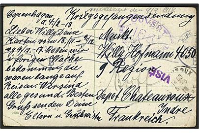 Ufrankeret krigsfangebrevkort fra Kjøbenhavn d. 4.2.1918 til sønderjysk fange (Willy Hofmann) i Chateauroux, Frankrig. Fransk censur.