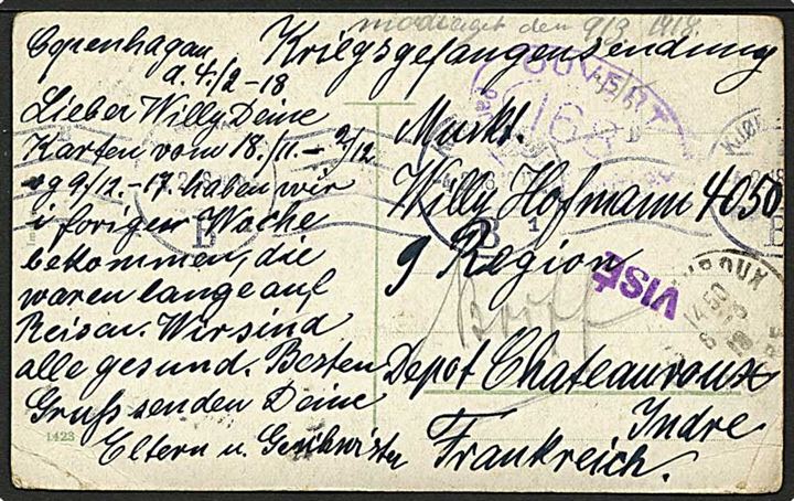 Ufrankeret krigsfangebrevkort fra Kjøbenhavn d. 4.2.1918 til sønderjysk fange (Willy Hofmann) i Chateauroux, Frankrig. Fransk censur.