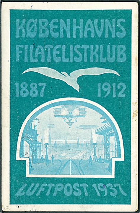 Københavns Philatelistklub 1887-1912 med bud på fremtidens luftpost i 1937. A. Jacobsen u/no. Kvalitet 7