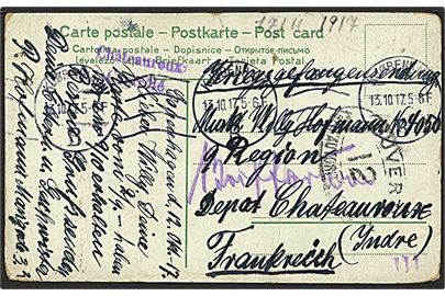 Ufrankeret krigsfangebrevkort fra Kjøbenhavn d. 13.10.1917 til sønderjysk fange (Willy Hofmann) i Chateauroux, Frankrig. Fransk censur - bl.a. Chateauroux controlé