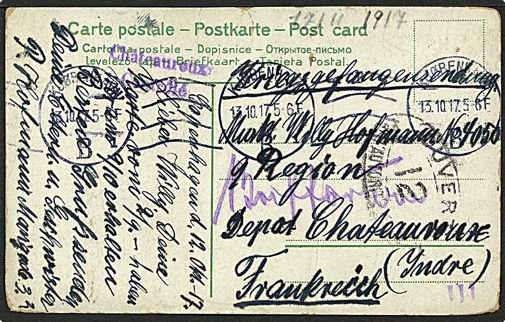 Ufrankeret krigsfangebrevkort fra Kjøbenhavn d. 13.10.1917 til sønderjysk fange (Willy Hofmann) i Chateauroux, Frankrig. Fransk censur - bl.a. Chateauroux controlé