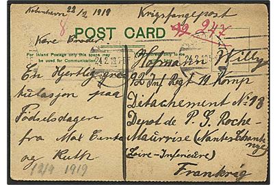 Ufrankeret krigsfangebrevkort fra Kjøbenhavn d. 24.2.1919 til sønderjysk fange (Willy Hofmann) i Roche-Maurice, Nantes, Frankrig. Sen krigsfangeforsendelse.