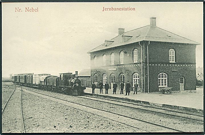 Nørre Nebel station med damptog og personale. N. Nielsen u/no. Kvalitet 10