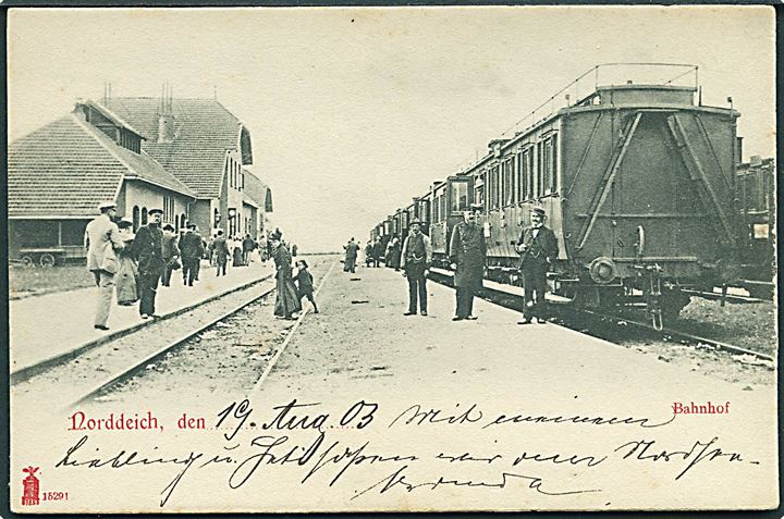 Tyskland, Norddeich station med tog. M. Glückstadt & Münden no. 15291. Kvalitet 8
