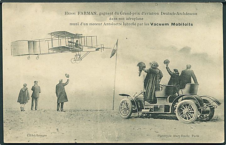 Flyvepioner Henri Farman med sin maskine og automobil på reklamekort for Vacuum Motorolie. U/no. Kvalitet 7