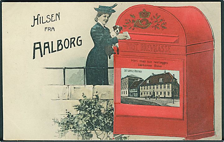 Aalborg, Hilsen fra med Postkasse og “Det gamle posthus”. Stenders u/no. Kvalitet 9