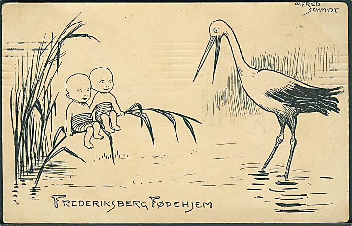Schmidt, Alfred. “Frederiksberg Fødehjem”. På bagsiden stempel fra Bazar d. 30.11.1906. Lille knæk. U/no. Kvalitet 6