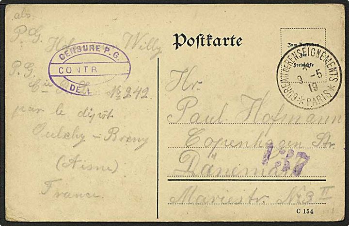 Ufrankeret krigsfangebrevkort stemplet Bureau de Renseignements Paris d. 9.5.1919 fra sønderjysk fange (Willy Hofmann) i Laon til forældre i København. Oval lejrcensur. 