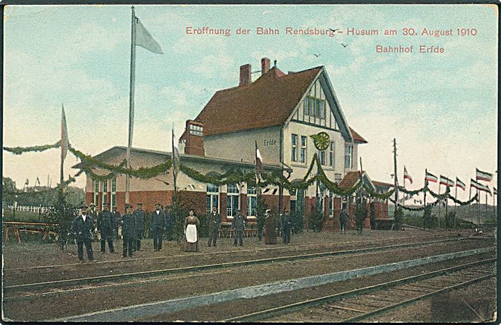 Tyskland, Erfde Bahnhof. Åbningen af Rendsburg - Musum banen d. 30.8.1910. C. Henningsen no. a2050. Kvalitet 7