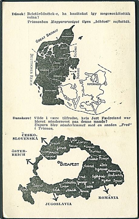 Verdenskrig 1. To-sproget ungarsk propagandakort vedr. deling af Ungarn ved Freden i Trianon. Kvalitet 7