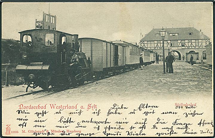 Tyskland, Sylt, Nordseebad Westerland Südbahnhof med damptog. Glückstadt & Münden no. 11825. Kvalitet 7