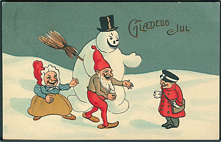 Schmidt, Alfred. Glædelig Jul med snemand, nisser og postbud. Stenders u/no. Kvalitet 8
