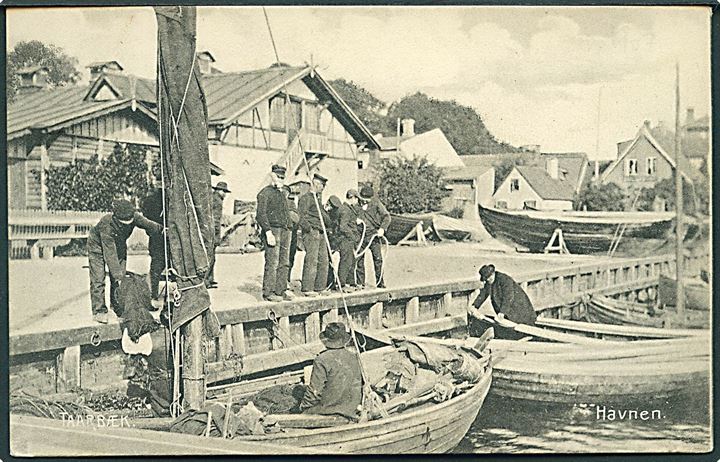 Taarbæk, havneparti med fiskere. Stenders no. 4789. Kvalitet 8