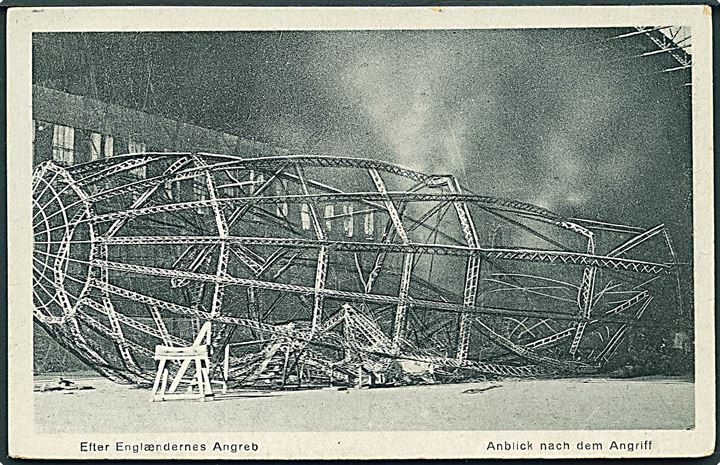 Luftskib L54 el. L60 udbrændt efter det britiske angreb på Zeppelinbasen i Tønder d. 19.7.1918. No. 82420. Kvalitet 7