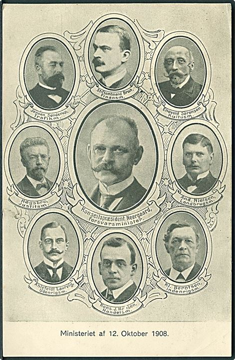 Venstre. Regeringen Neergaard med ministre af 12. oktober 1908. Stenders u/no. Kvalitet 7
