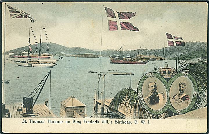 D.V.I., St. Thomas, Havnen på Fr. VIII’s fødselsdag. Lightbourn no. 93.  Kvalitet 7