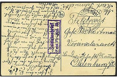Ufrankeret feltpostbrevkort (Ostende) stemplet K.D.Feldpostamt das IX. Reservekorps d. 15.7.1916 til Oldenburg. Briefstempel: Soldatenbrief / Feld-Fl. Abt. 13.