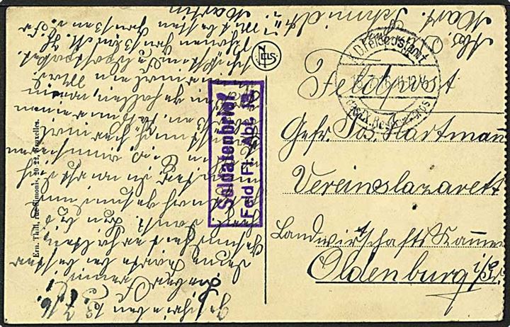 Ufrankeret feltpostbrevkort (Ostende) stemplet K.D.Feldpostamt das IX. Reservekorps d. 15.7.1916 til Oldenburg. Briefstempel: Soldatenbrief / Feld-Fl. Abt. 13.