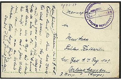 Ufrankeret marinepost-brevkort (Wilhelmshaven) dateret Bleibtreu d. 22.4.1918 til militæradresse. Briefstempel: II Seefliegerabteilung. På bagsiden afs. Seeflugstation W.Haven S.M.H. Bleibtreu.