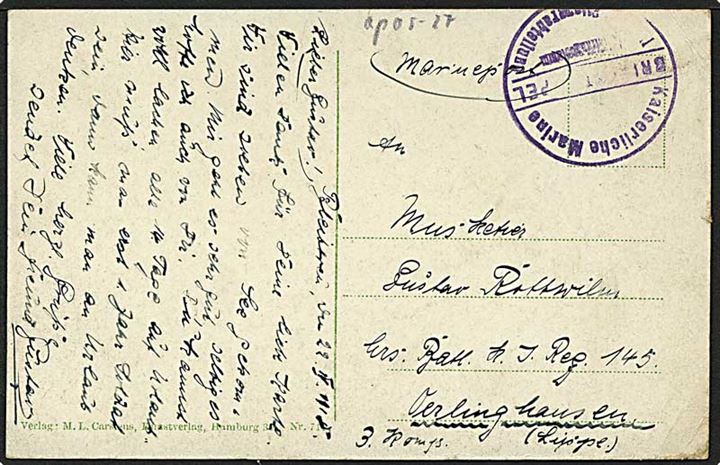 Ufrankeret marinepost-brevkort (Wilhelmshaven) dateret Bleibtreu d. 22.4.1918 til militæradresse. Briefstempel: II Seefliegerabteilung. På bagsiden afs. Seeflugstation W.Haven S.M.H. Bleibtreu.