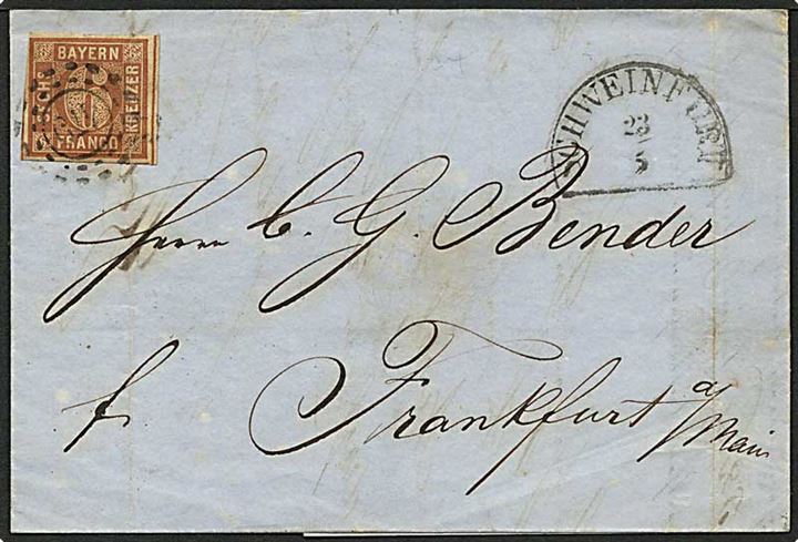 6 Kr. single på brev annulleret med nr.stempel 479 og sidestemplet Schweinfurt d. 23.5.1862 til Frankfurt. Lodret fold gennem mærke.