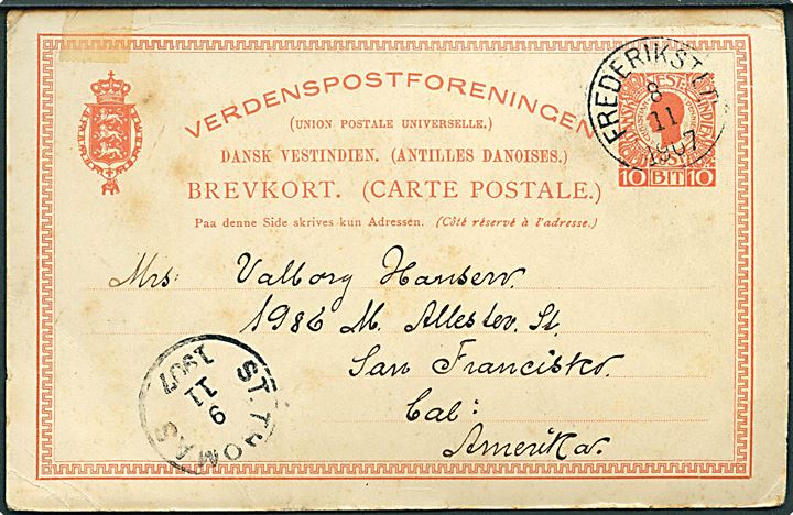 D.V.I., militær. Gendarm. Foto på 10 bit Chr. IX helsags-brevkort fra Frederiksted til USA. Tape rest. Kvalitet 6