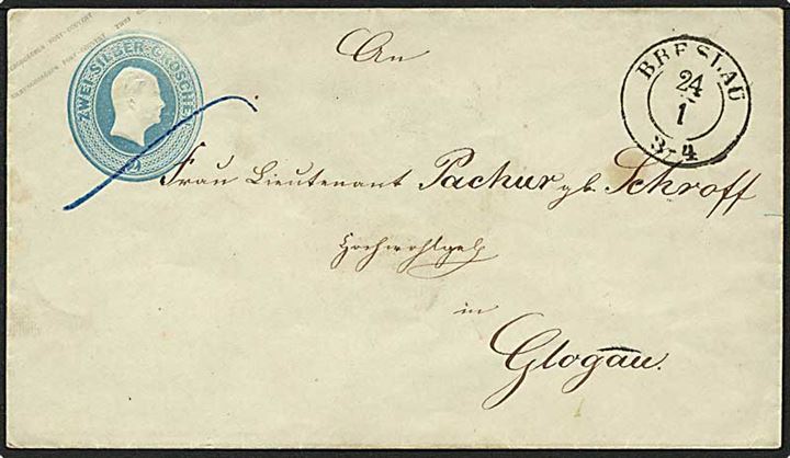 2 gr. helsagskuvert fra Breslau d. 24.1.1855 til Glogau. Del af bagklap mangler.