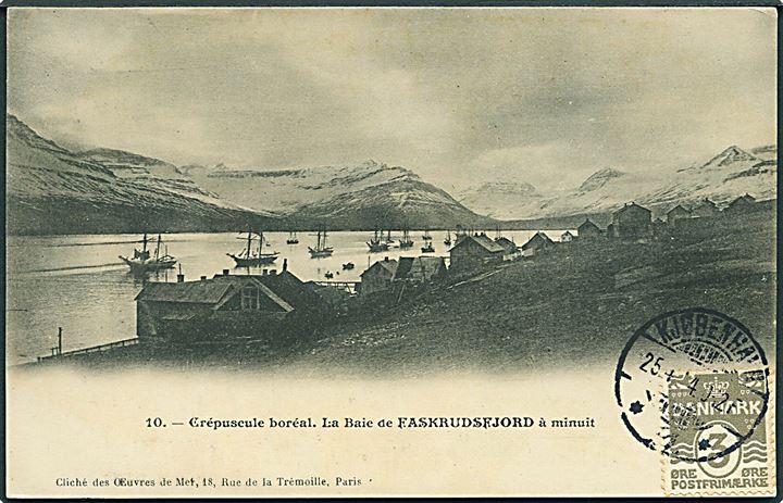 Faskrudsfjord. Fjordparti med sejlskibe. Fransk fremstillet med dansk 3 øre stemplet 1914. U/no. Kvalitet 7