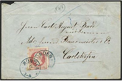 1 gr. single på brev annulleret med blåt stempel Münden d. 6.8.1864 via Cassel til Carlshafen. Ank.stempel på bagsiden.