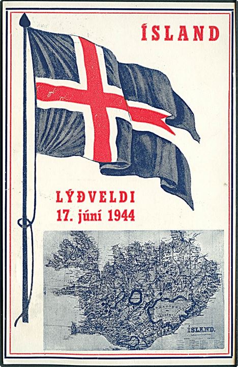 Lýðveldið Ísland, Republikken Island d. 17. juni 1944 med flag og landkort. Helgi Arnason u/no. Kvalitet 7