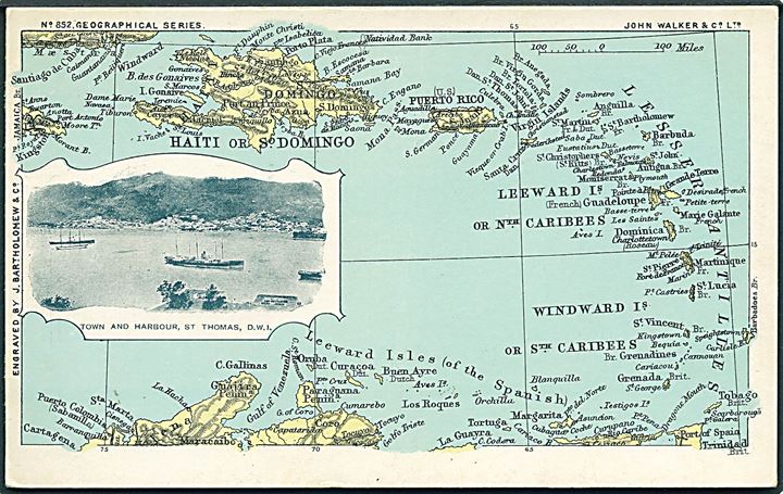 D.V.I., St. Thomas, Landkort og havneparti. John Walker & Co. no. 852. Kvalitet 8