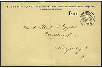 Ufrankeret lokal Franco kuvert fra Generaldirektoratet for Postvæsnet stemplet Kjøbenhavn KKB d. 25.11.1895. Kuvert til returnering af ubesørgelige breve. Fold og lidt flosset i toppen.
