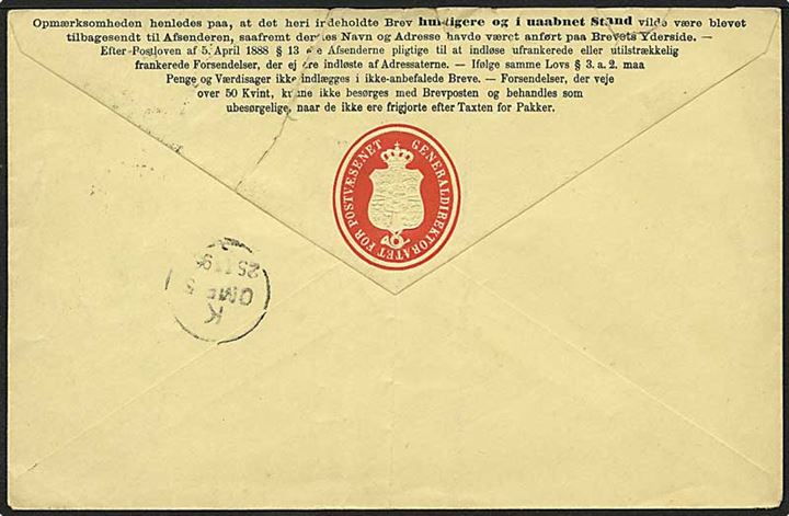 Ufrankeret lokal Franco kuvert fra Generaldirektoratet for Postvæsnet stemplet Kjøbenhavn KKB d. 25.11.1895. Kuvert til returnering af ubesørgelige breve. Fold og lidt flosset i toppen.