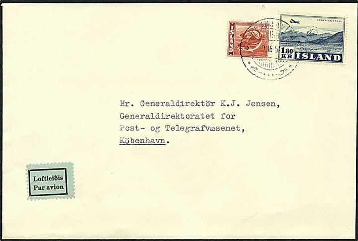 25 aur rødbrun torsk og 1,80 kr. blå Snæfellsjökull på luftpost brev fra Reykjavik, Island, d. 9.3.1951 til København.