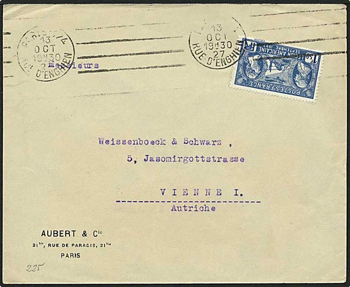 1,50 frank blå på brev fra Paris, Frankrig, d. 13.10.1927 til Wien, Østrig.