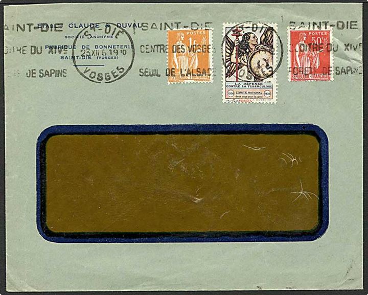 1,50 frank porto samt mærkat for kampen mod tuberkulose på brev fra St. Die, Frankrig, d. 23.12.1910.