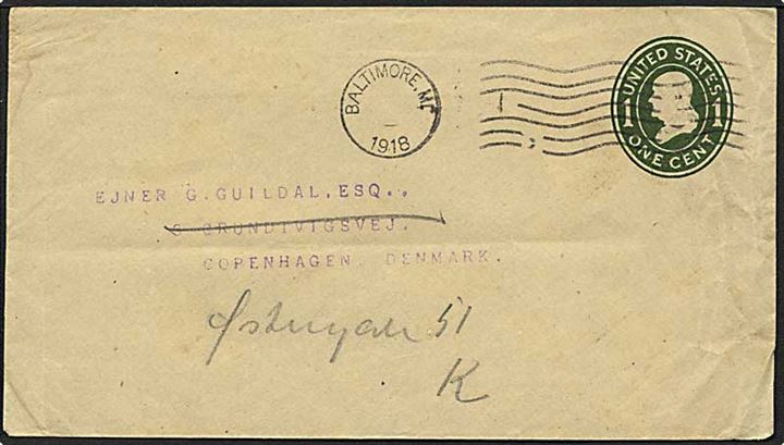 1 cent grøn helsagskuvert fra Baltimore, USA, 1918 til København. Engelsk censur.