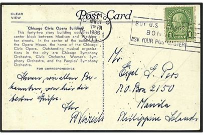 1 cent grøn på postkort fra Chicago, USA, d. 21.4.1936 til Manila, Filippinerne.