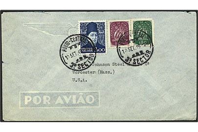 3,80 escudos på luftpost brev fra Porto, Portugal, d. 10.9.1949 til Worcester, USA.