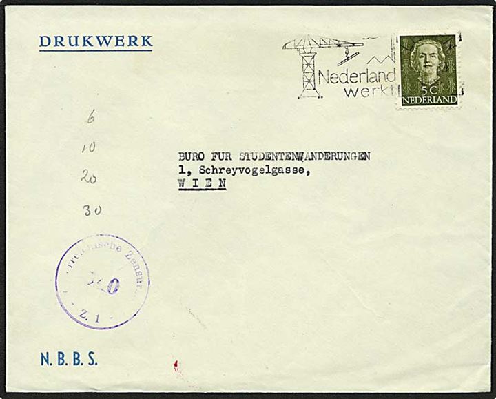 5 cent grøn på brev fra Holland d. 4.9.1950 til Wien, Østrig. Allieret efterkrigscensur.
