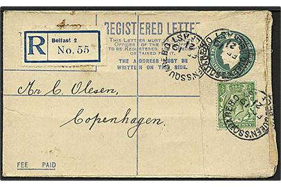 2 pence grøn Rec. helsagskuvert opfrankeret med ½ pence grøn fra Belfast, Nordirland, d. 19.2.1921 til København.