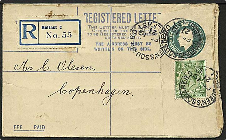 2 pence grøn Rec. helsagskuvert opfrankeret med ½ pence grøn fra Belfast, Nordirland, d. 19.2.1921 til København.