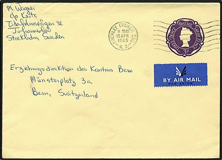 3 pence luftpost helsagskuvert fra Finchley Church, England, d. 15.4.1965 til Bern, Schweiz.