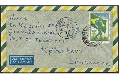 580 ccentavos VM i fodbold på luftpost brev fra Rio de Janeiro, Brasilien, d. 22.1.1952 til København.