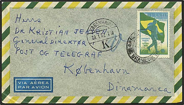 580 ccentavos VM i fodbold på luftpost brev fra Rio de Janeiro, Brasilien, d. 22.1.1952 til København.